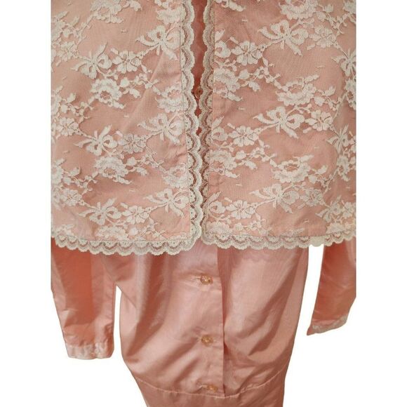 Vintage 80s Pretty In Pink Long Sleeve Maxi Lace Dress L Modest Prairie Bib - Picture 5 of 6